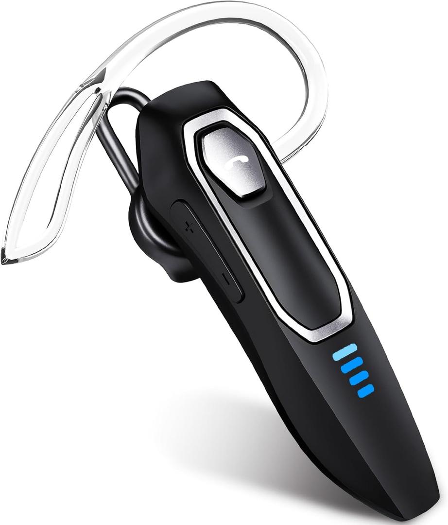 Bluetooth Headset V5.4, Bluetooth Earpiece with Micros, Noise Cancelling Hands Free Headset Earpiece for Cell Phone with 36H Talking Time/Mute Function, Single Ear Wireless Headphone for Truck Driver (black-grey frame)
