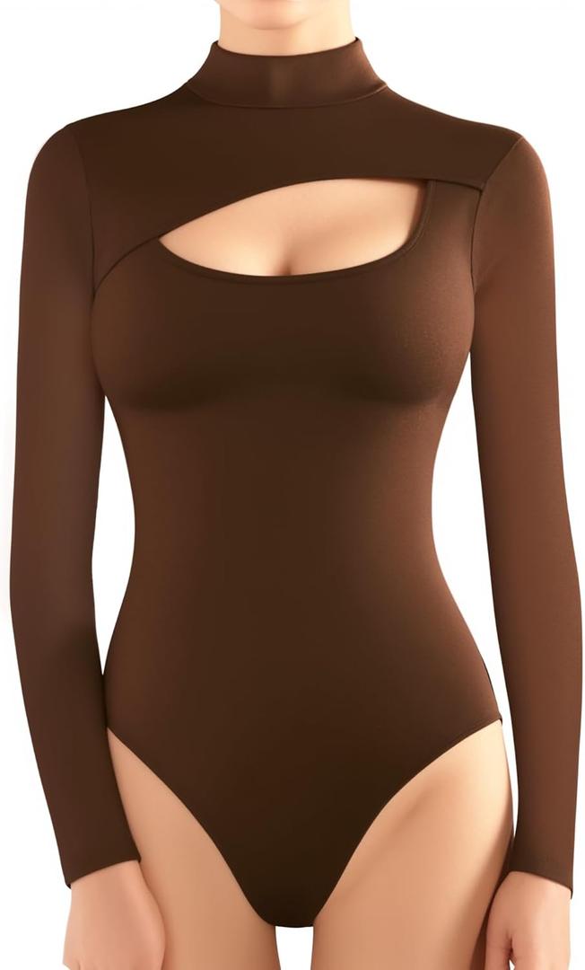 MANGOPOP Mock Turtleneck Long Sleeve Bodysuits for Women Cutout Front Body Suit, S