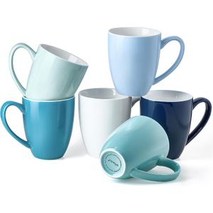 Porcelain Coffee Mugs Set of 6, 13 Ounce Coffee Cups with Handle, Ceramic Tea Mugs for Latte, Hot Tea, Cappuccino, Mocha, Cocoa, Blue Assorted Colors Mug Gift Set, Dishwasher and Microwave Safe