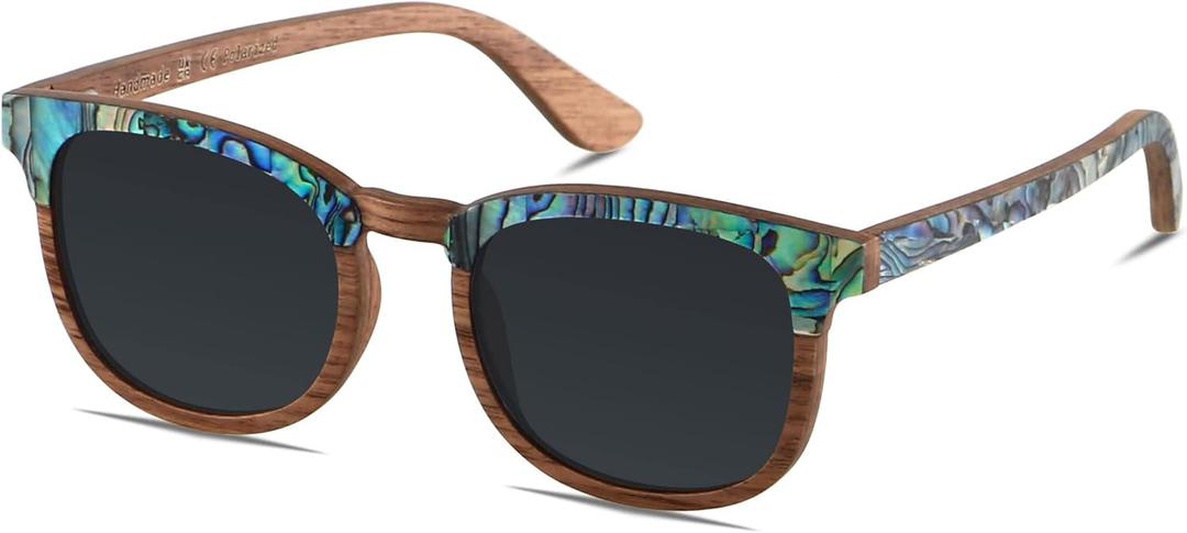 ANDWOOD Wood Sunglasses Polarized for Men Women Uv Protection Wooden Sun Glasses Bamboo Shades (Abalone Seashell | Polarized Black)