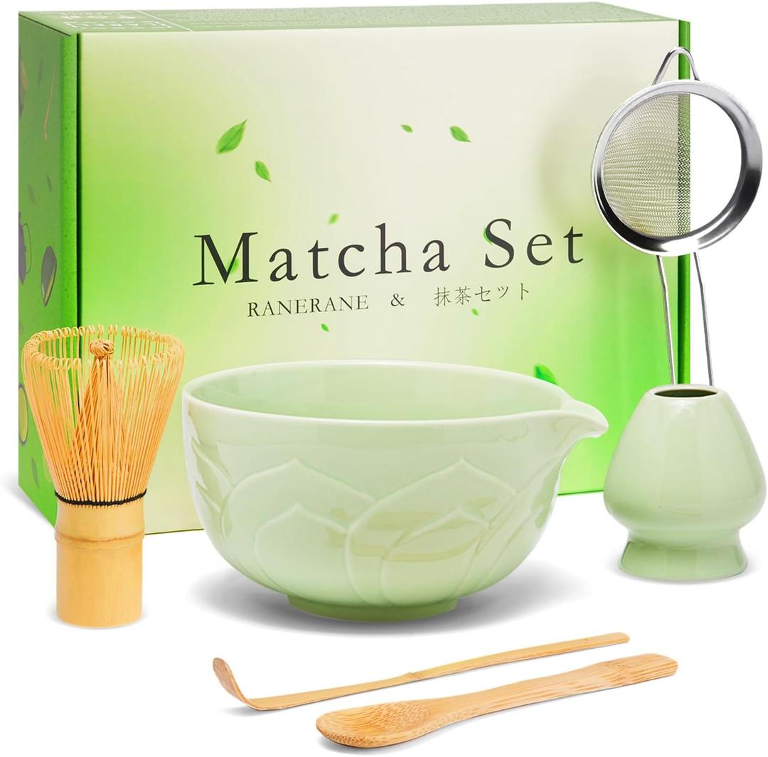 Matcha Whisk Set, Lotus Green Ceramic Matcha Set Includes Matcha Bowl, Matcha Whisk (Chasen) and Holder, Sifter, Bamboo Scoop & Spoon - 6 Pcs Matcha Kit for Matcha Lovers
