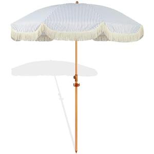 Seazul 6.5ft Patio Umbrella with Fringe, Beach Umbrella, Fringe Umbrella Outdoor Patio with Hanging Hook, Tilting Aluminum Pole, UV 50+, Fiberglass Ribs, Blue White Stripe