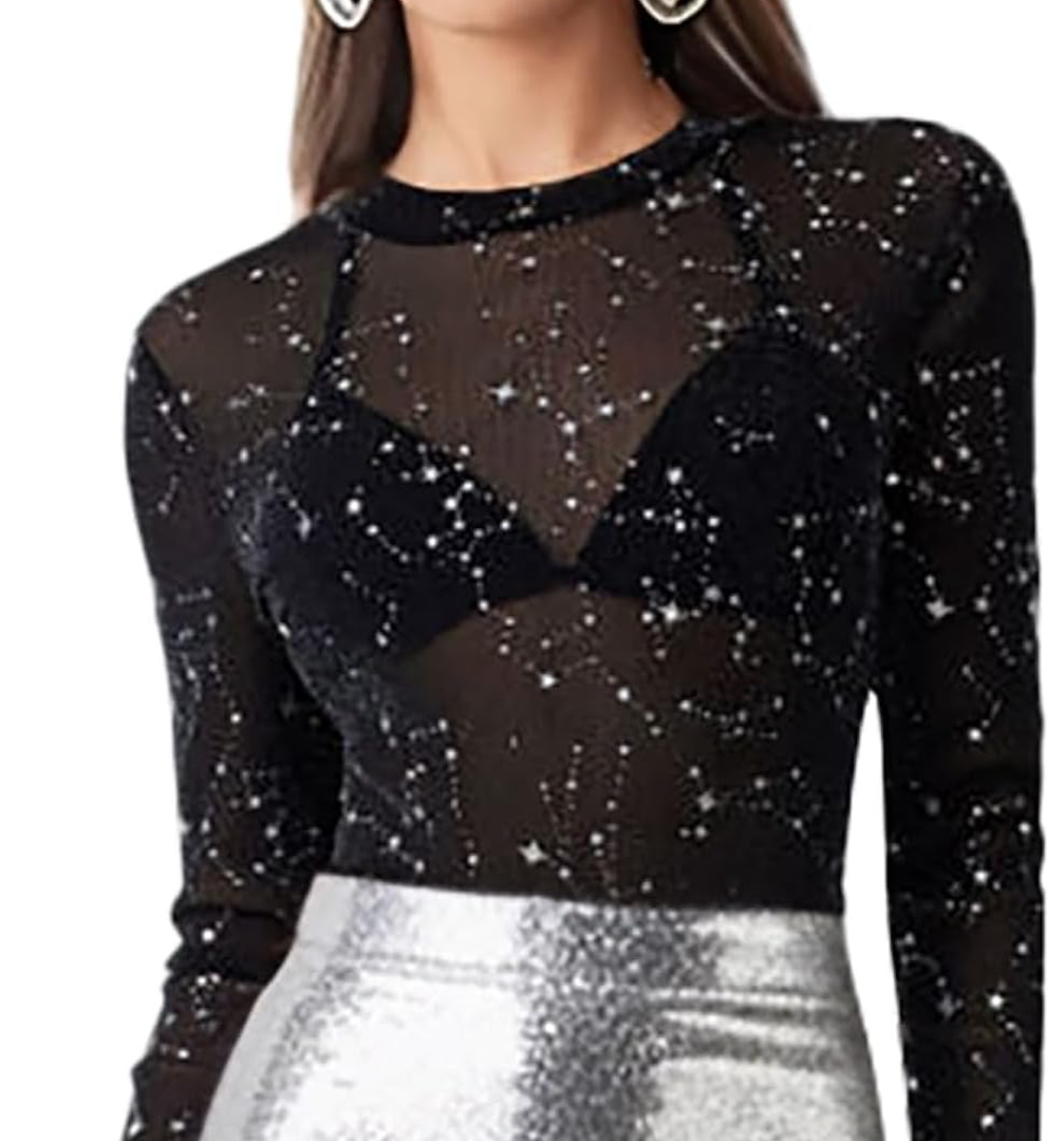 KEWEI Womens Mesh Long Sleeve Tops Crew Neck Sexy See Through Tee Shirts Party Club Night Lace Blouse, Size S