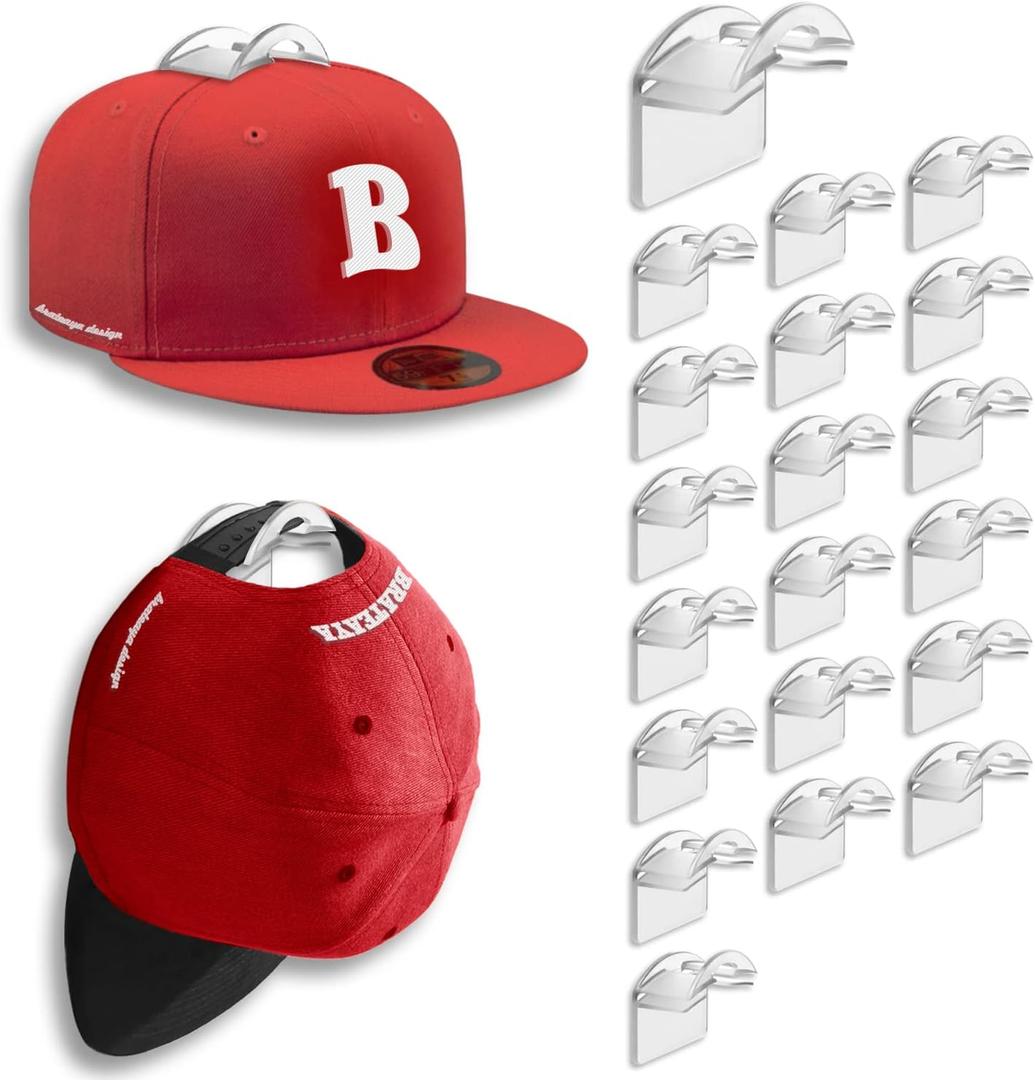 BRATEAYA Hat Hangers for Wall, Stronge Adhesive Hat Holders Display, No Driling Caps Holder Organizer, 20 Pack Hat Hook for Baseball Caps, Wall Mounted Cap Rack, Clear