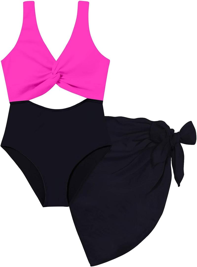 Funnycokid Girls One Piece Swimsuit Color Block Teen Bathing Suit with Pad Cover Up Skirt(7-16Y)