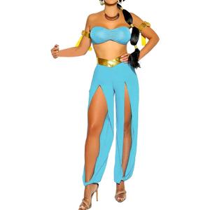 FEORJGP Women Halloween Arabian Princess Cosplay Costume 3 Piece Jasmine Deluxe Adult Costume Halloween Party Cosplay Outfits (Small, Blue)