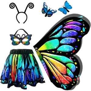 Jackcell Butterfly Wings Costumes for Girls, Butterfly Cape Halloween Costume with Kids Fairy Skirt,Fairy Dress Up Cosplay (Brilliant Rainbow)