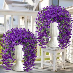 Artificial Hanging Flowers for Outdoors, 4 PCS 600 Blooms UV Resistant Morning Glory Faux Silk Vines, No-Odor Realistic Fake Plants for Garden Planter Porch Patio Decoration, Purple