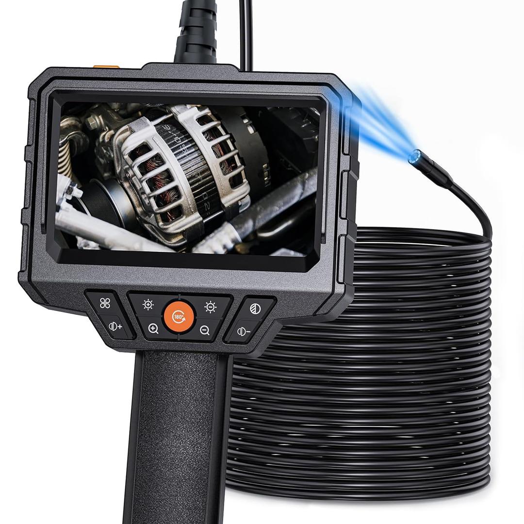 Endoscope with Light and 50ft Semi-Rigid Cable, Handheld Borescope 4.3'' HD 1080P, 8 Adjustable LED Lights, IP67 Waterproof Inspection Camera for Sewer, Gadgets for Men (Single Lens)