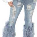 Tbahhir Women's Skinny Ripped Jeans Pearl Distressed Stretchy High Waisted Tassels Slim Fit Denim Pants Y2K Streetwear Size L