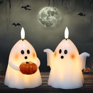 DRomance Halloween Ghost Flameless Candles with Timer Real Wax Battery Operated White LED Flickering Pillar Candles Hand Painted Looking Dinner Spooky Halloween Decor(2 Pack, 3.5" D x 5" H)
