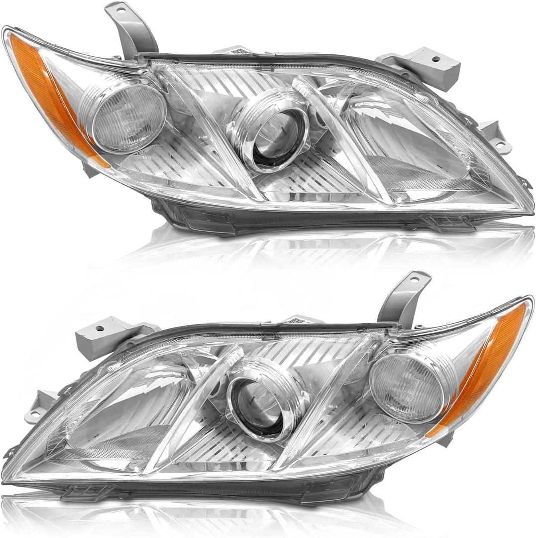 AS 2007 2008 2009 Toyota Camry Headlight Assembly Headlamps for 07 08 09 Camry Exclude Hybrid Projector Left and Right Pair - Chrome Housing Clear Lens