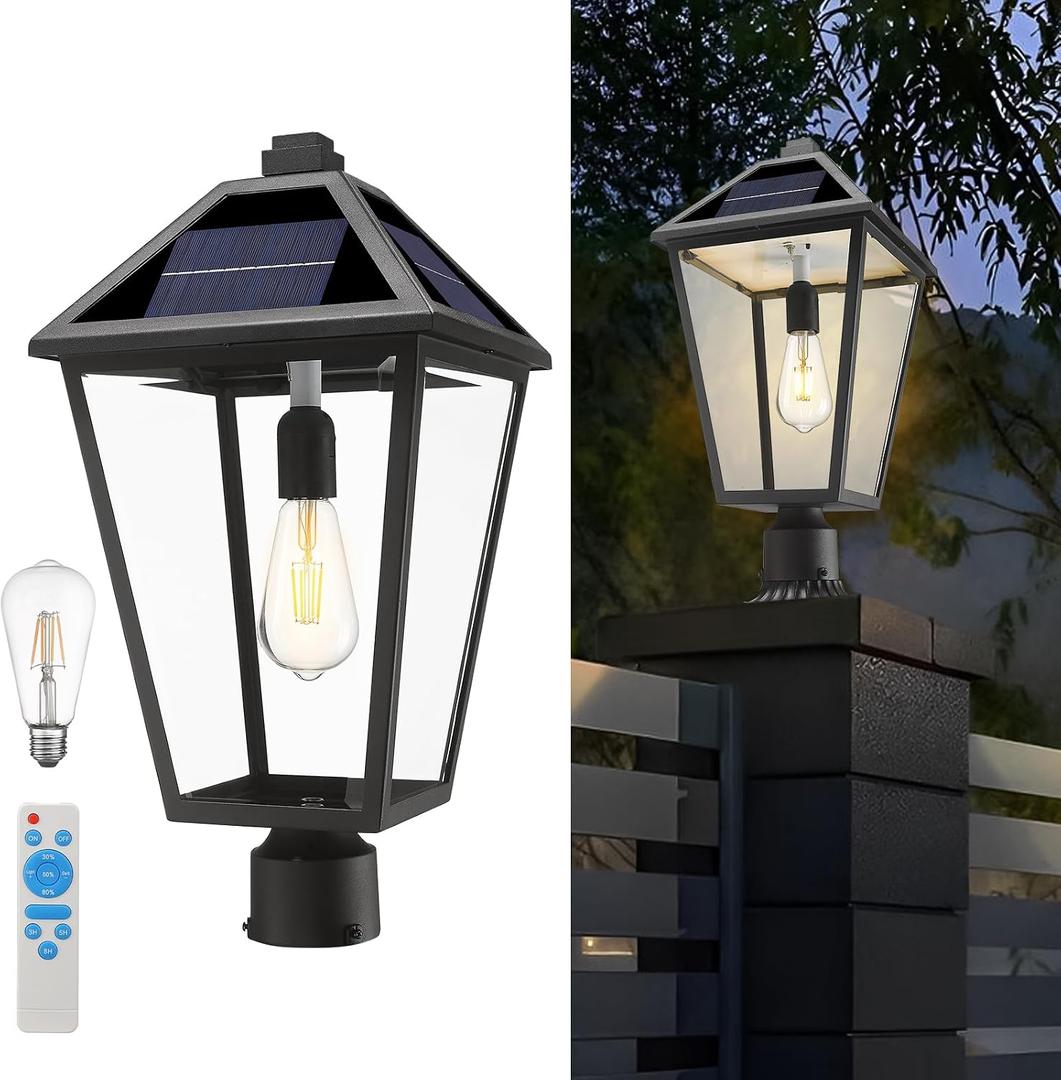Solar Post Light Outdoor, 20'' Vintage Farmhouse Lamp Post with Remote Control & LED, Weatherproof Aluminum Pier Mount Light for Gate Yard Driveway, No Wiring Column Lamp, Large
