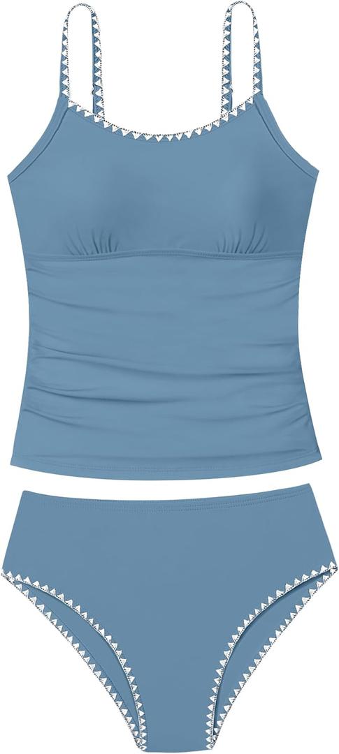 Girls Swimsuit Solid Color Tankini Contrast Trim Swimwear 2 Piece Bathing Suit Padded Swimsuits for Teens 9-16Y (Blue, M)