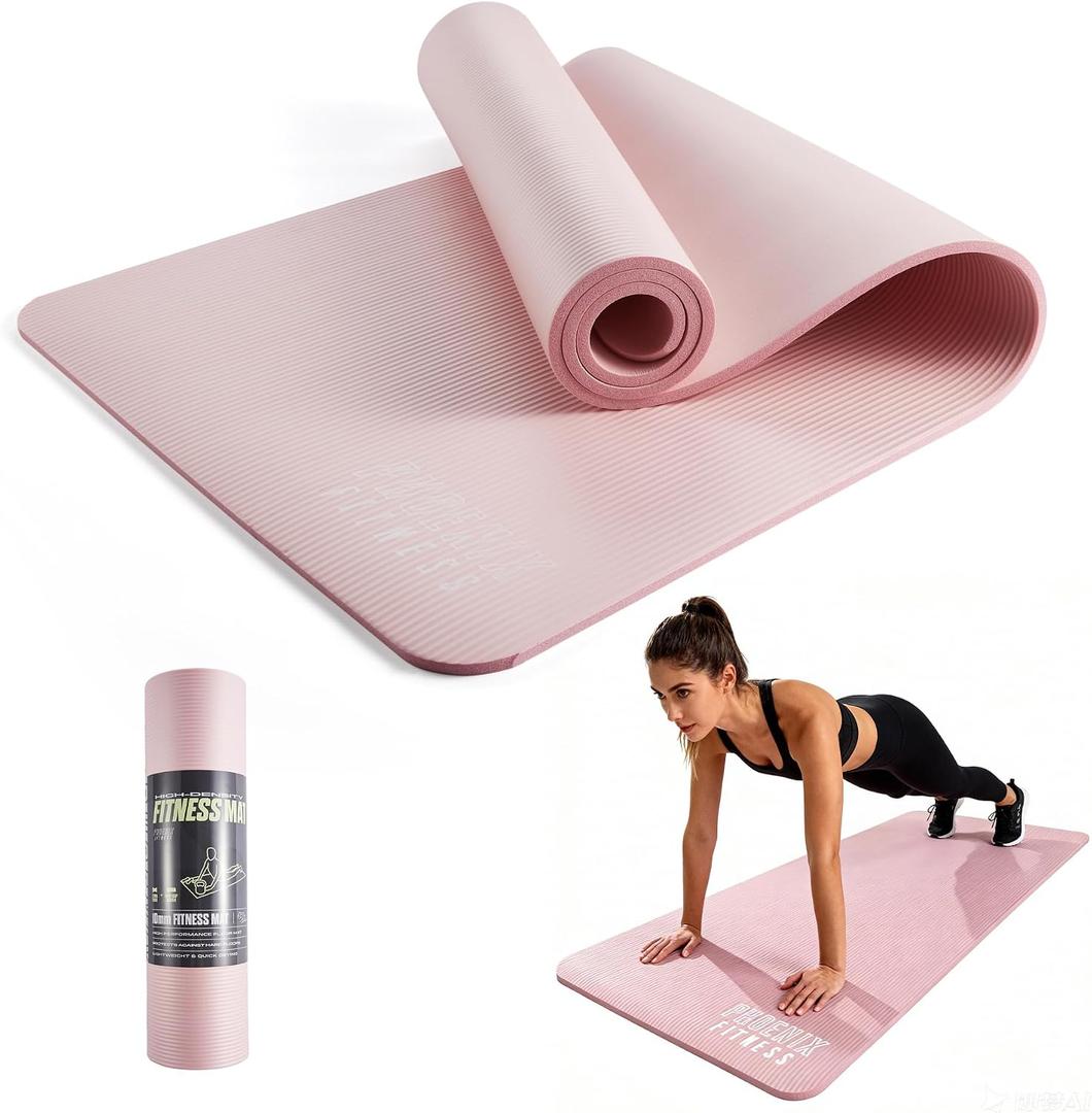 Phoenix Fitness NBR Yoga Mat - 15mm Extra Thick Exercise Mat with Carry Strap - Non Slip Yoga Mat for HIIT, Exercise & Pilates for Men and Women - Black or Pink