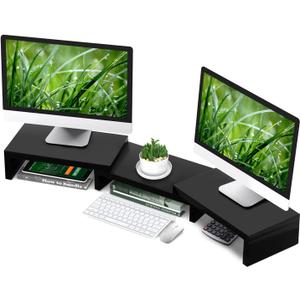 TAVR Dual Monitor Stand Riser Office Desktop Organizer Stand for 2 Monitors, Adjustable Length and Angle 3 Shelf, Extra Long Multifunctional Wooden Stand up to 43.3" fit Computer, Laptop, TV, Black