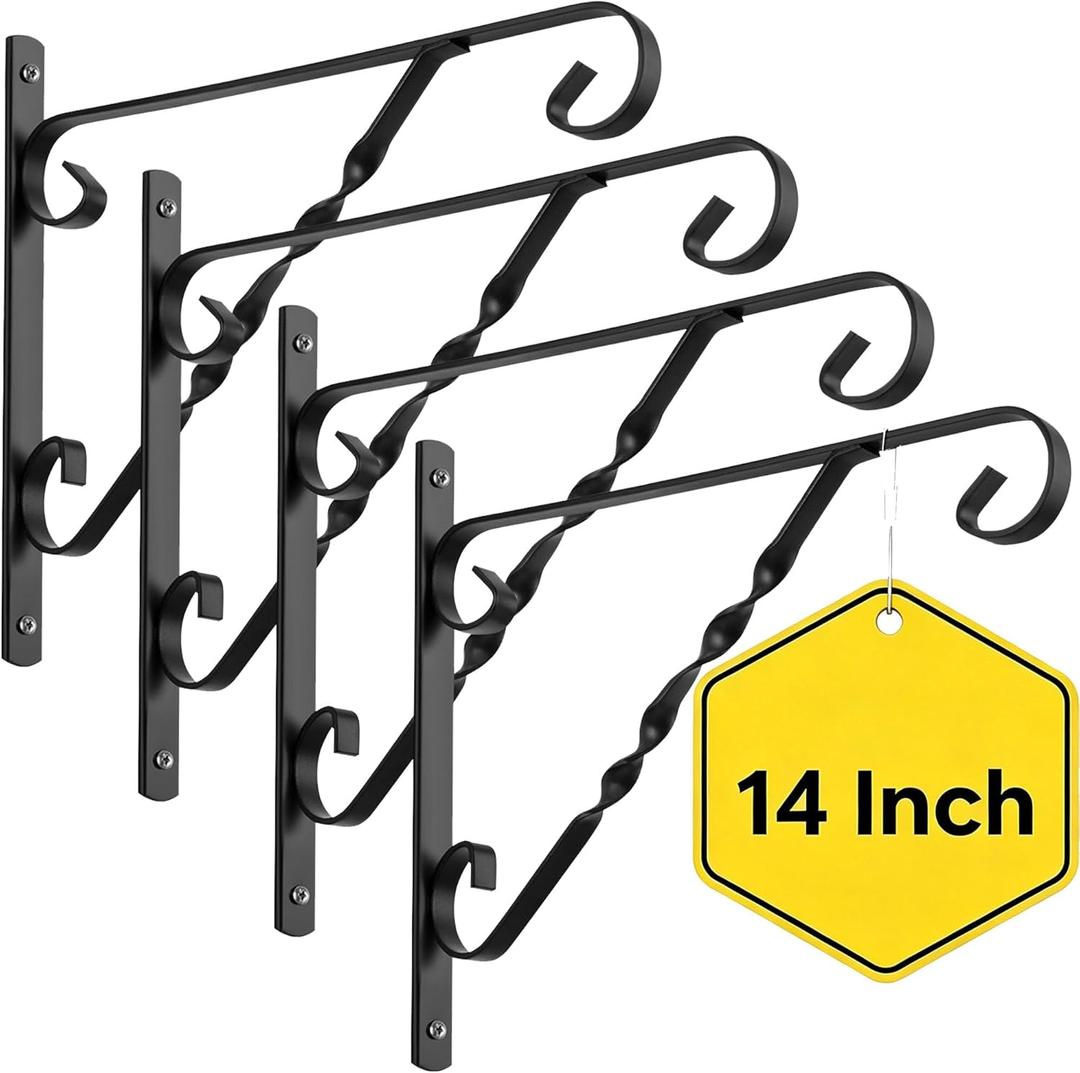 AMAGABELI GARDEN & HOME 4 Pack Hanging Plant Brackets Outdoor 14 inch Metal Fence Wall Plant Hanger Hooks for Hanging Flower Bird Feeders Lanterns Wind Chimes Rust-Resistant Black