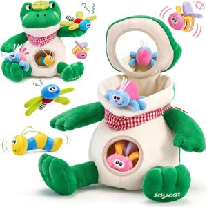 JoyCat Frog Baby Sensory Toy with Mirror & 4 Insects, 3-18 Months | Soft frog opens for put-in play; 4 sensory insects, crinkle, rattle and baby-safe mirror support tummy time.