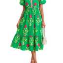 Cicy Bell Womens Summer Floral Print Maxi Dress A Line Puff Short Sleeve V Neck Boho Dresses Flowy Beach Vacation Outfits size 8