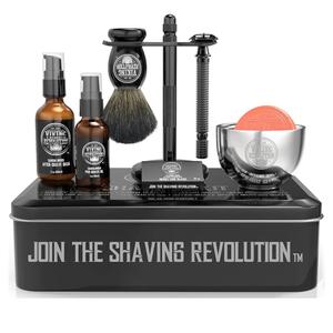 Viking Revolution Luxury Safety Razor Shaving Kit - Includes Double Edge Safety Razor, Stand, Bowl, After-Shave Balm, Pre-Shave Oil, Badger Brush - Safety Razor Kit