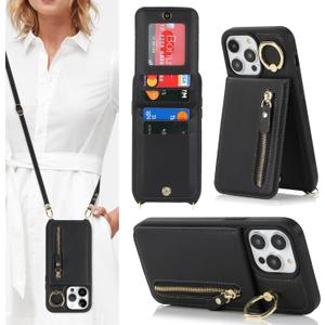 for iPhone 14 pro max Phone Case with Card Holder and Strap for Women, Crossbody Bag with Ring Stand Zipper Wallet Case for Apple14promax Purse - Black