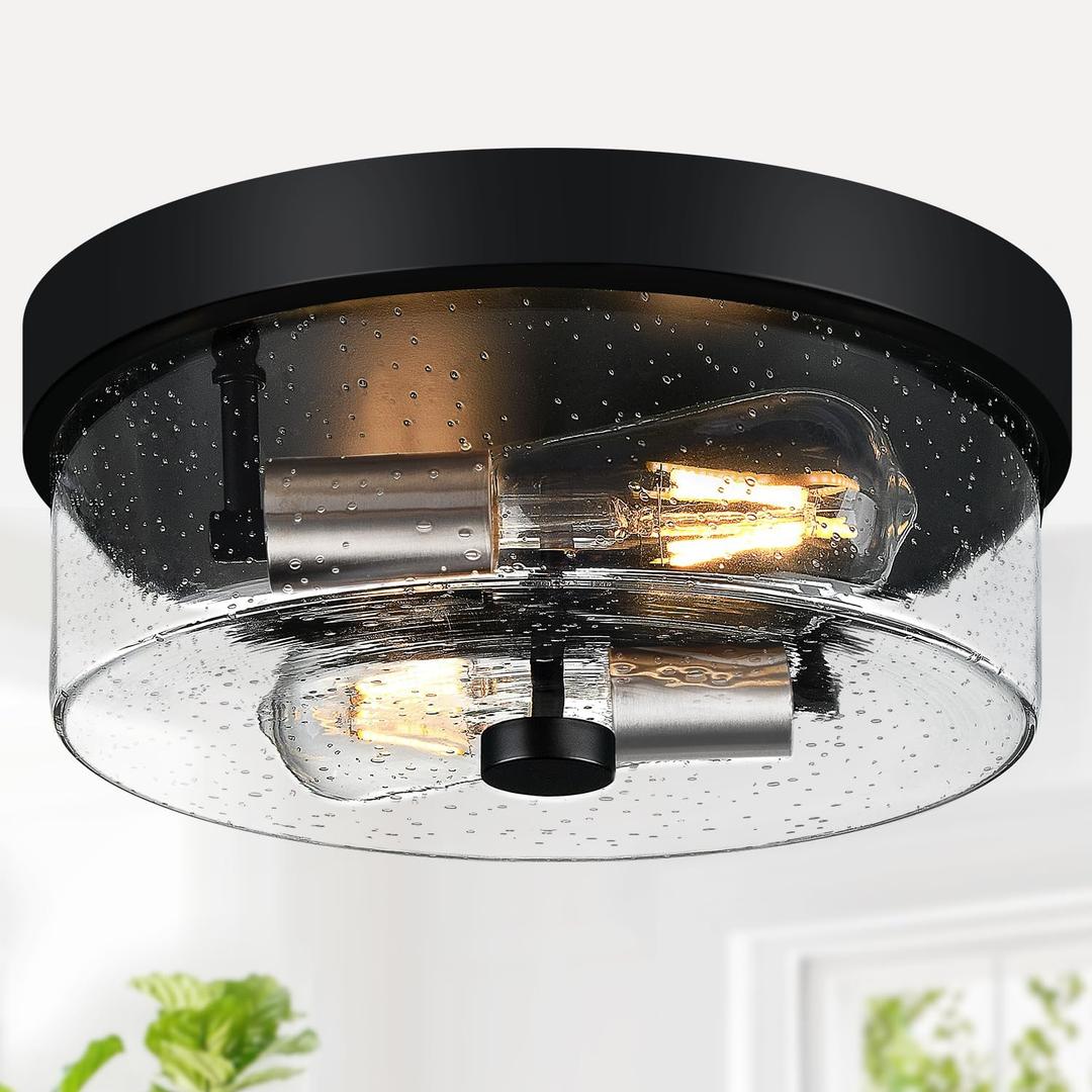 Flush Mount Ceiling Light Fixtures, 2-Light Black and Silver Ceiling Mount for Farmhouse with Seeded Glass Lampshade, Industrial Flush Mount Light Fixture for Hallway, Kitchen, Entryway and Foyer
