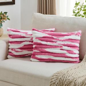 FUTEI Pack of 2 Faux Fur Plush Throw Pillow Covers 12x20 Inch Soft Tie Dye Striped Textured Farmhouse Decorative Pillowcase Modern Home Decor for Couch Bed Living Room, Blush White