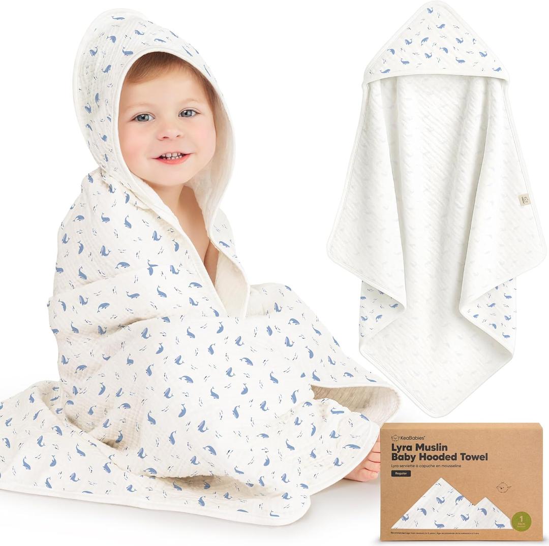 KeaBabies Muslin Baby Bath Towels with Hood for Girls,BoysLarge Organic Cotton Hooded Baby Towels for Newborns,Toddlers,Infant,Kids,Soft Absorbent Newborn Bath Essentials Gift Set(Whale Bay, Regular)