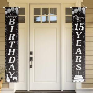 Happy 15th Birthday Yard Sign Door Banner - Cheers to 15 Years Birthday Decorations Party Supplies for Boys Girls - Black Silver