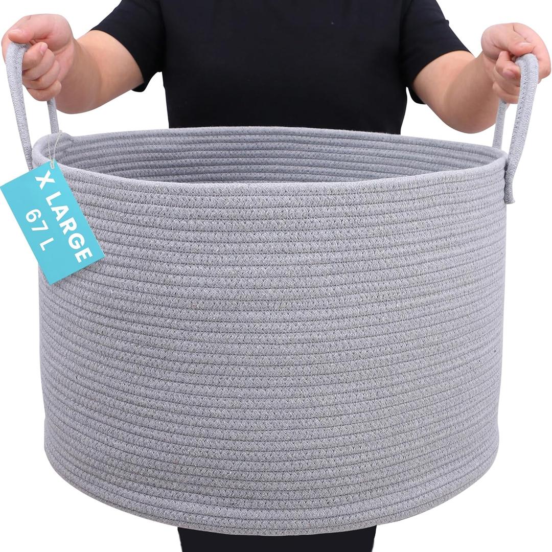 OrganiHaus Large Woven Storage Basket for Blankets and Toys 20" x 13" Inch, Rope Laundry Basket with Handles, Cushions & Pillows Storage Bin, Nursery Hamper, Soft Round Dog Toy Bin - Gray (Wide)