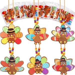 WorldBazaar Turkey Craft Kits for Kids 12 Pack Thanksgiving Turkey Necklace Crafts Bulk DIY Turkey Kits Thanksgiving Party Activities Game Individually Wrapped