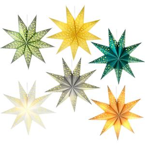 6 Pack 12 Inch 18 Inch 9 Pointed 3D Paper Star Hollow Light up Hanging Paper Star Lanterns for Christmas Wedding Birthday Party, 6 Colors (9 Pointed12 Inch)