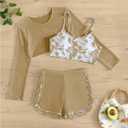 Verdusa Girl's 3 Piece Tie Dye Swimwear Bathing Suit Swimsuits Bikini and Shorts with Cover Up (Brown)