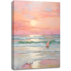 SIXWOOD Pink Ocean Sunset Canvas Wall Art Painting, Pastel Beach Picture with Waves and Sailboats, Coastal Wall Decor for Living Room Girls Bedroom Nursery, 16x24 Framed Ready to Hang Aesthetic Print