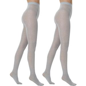 MANZI Sparkly Tights for Women, Metallic Shimmer, 50 Denier, Opaque, High Rise (Pack of 2) (Small-Medium, Silver)