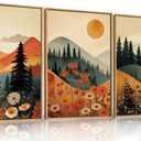 LHIUEM Large Boho Mountain Sunset Framed Canvas Wall Art Set, Pine Tree Flowers Wall Decor, Nature Landscape Forest Artwork for Living Room,Bedroom,Dining Room,Office -16"x24"x3