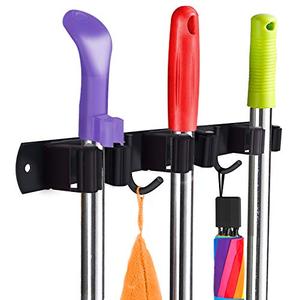Huryfox Heavy-Duty Stainless Steel Broom Holder, Black, Wall Mount, 1-4 cm Diameter Compatible, Adjustable, 3 Racks, 2 Hooks, Space-Saving