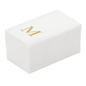 Sparkle and Bash 100 Pack Gold Foil Initial Letter M White Monogram Paper Napkins, 4x8 inch Disposable Dinner Napkin for Wedding Decor, and Table Decorations