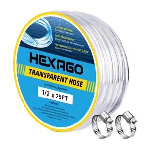 Hexago 3/4" ID x 10 ft Clear PVC Tubing, Flexible 73A Vinyl Hose, 2060 PSI Low Pressure Plastic Tube with 2 Metal Clamps