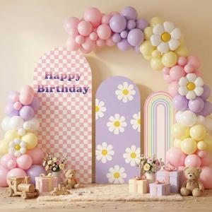 Chunful 3 Pcs Blue Dog Birthday Arch Backdrop Cover Photo Background Decor 2-Sided Round Top Cartoon Themed Backdrop Arch Cover for Baby Shower Birthday Party Decor 6 ft/5 ft/4 ft (Pink-Purple)