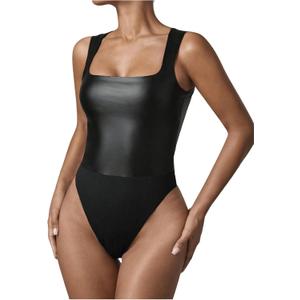 WDIRARA Women's PU Leather Bodysuit Tank Tops Square Neck Sleeveless Slim Fit Leotard Top (Black, S)