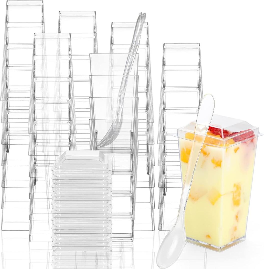 EASERCY 50 Pack 3 oz Square Mini Dessert Cups with Lids and Spoons Clear Dessert Shooter Cups with Spoons Parfait Cups with Lids Appetizer Cups for Party Small Plastic Dessert Cups for Pudding