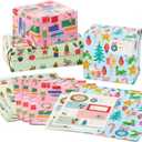 Hallmark Cute Christmas Flat Wrapping Paper Sheets with Cutlines on Reverse (12 Folded Sheets with Sticker Gift Tags) Pink, Mint Green, Plants, Cactus, Presents, Ornaments