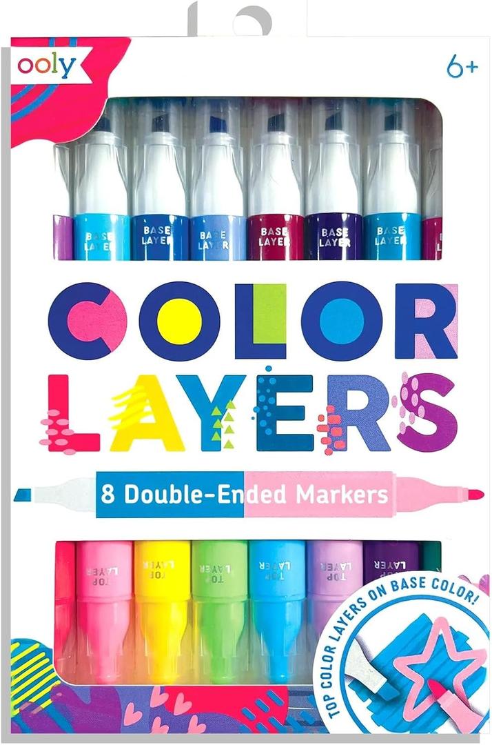 Ooly Color Layers Double Sided Markers - Set of 8 Colored Markers, 16 Colors Chisel and Point Tip on Each Marker for Kids, Art Supplies and Stationery Set