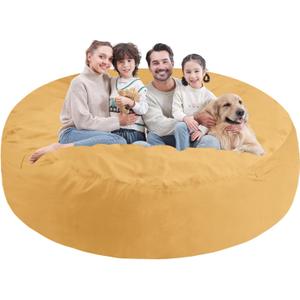 7FT Bean Bag Chair, Large Bean Bag Chairs with Memory Foam Filled, Fluffy Beanbag Sofa with Dutch Velvet Cover, Round BeanBag Chairs for Living Room, Playroom - Mustard (7FT- 72"x72"x18")