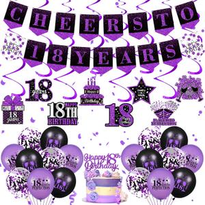 Purple 18th Birthday Decorations for Girls Boys Purple Black 18th Birthday Banner Hanging Swirls Balloons Bday Cake Topper for Cheer to 18 Years Party Supplies