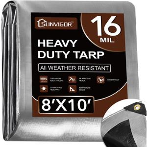 Tarp 8x10FT, Extra Thick 16Mil Heavy Duty Waterproof Tarps with Brass Grommets and Reinforced Edges, Tear & Fade Resistant, 100% UV Blocking Outdoor Tarp for Roof Camping Patio Pool Boat (Silver) (Sliver/Black 16mil)
