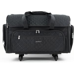 Everything Mary XXL Rolling Sewing Machine Case Black Quilted Craft Bag with 4 Wheels Spacious Storage Organizer with Pockets for Sewing & Craft Supplies