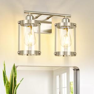 2-Light Brushed Nickel Bathroom Light Fixtures, 13.8 Inch Modern Bathroom Vanity Lighting Fixtures Over Mirror with Clear Glass and Metal Cage Wall Sconce Lights for Bath, E26, OS-3014BN-2W