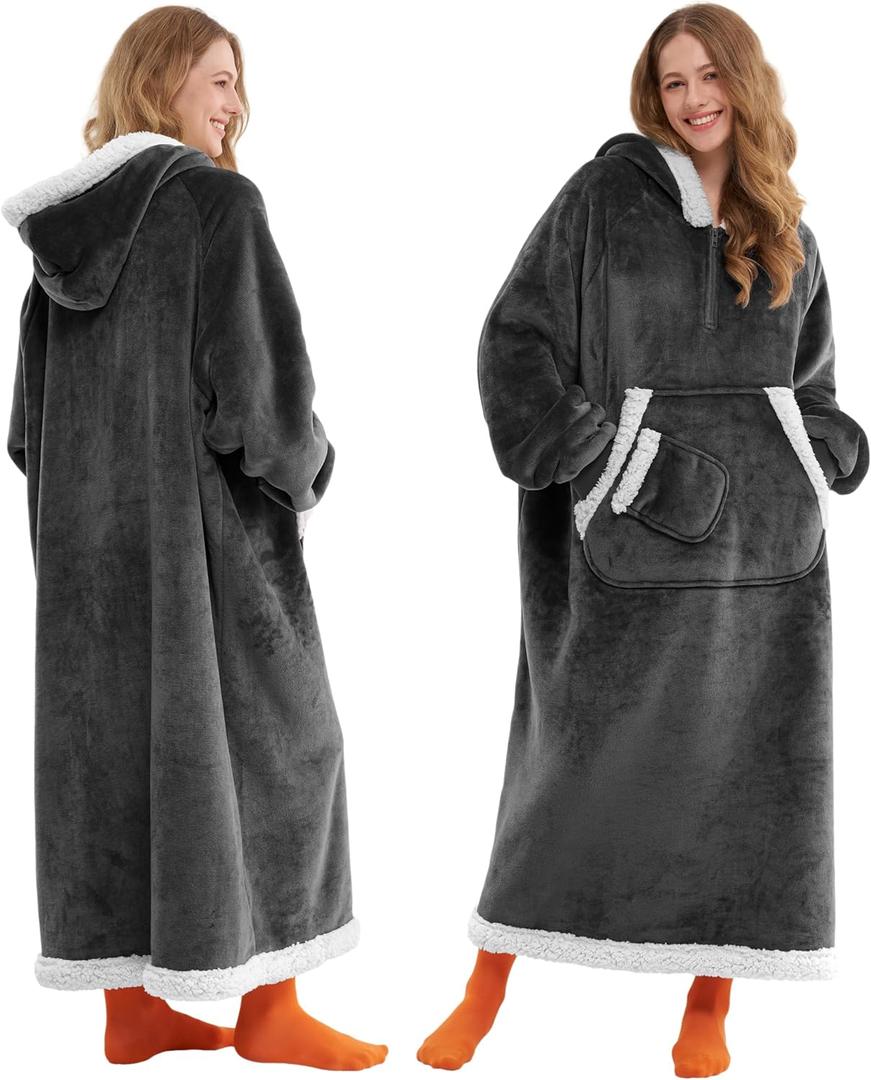 Giggling Getup Wearable Blanket Hoodie for Women Men Gifts for Women Mom Wife Sherpa Fleece Long Hooded Blanket Sweatshirt Cozy Sherpa Wearable Throw with Pocket & Sleeves for Adult Standard Dark Grey